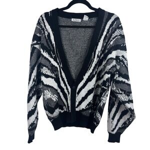 Koman Black White Zebra Print Button Up Knit Grandpa Cardigan Women's Large